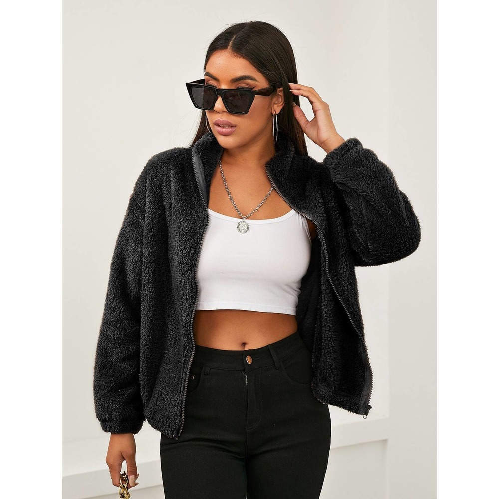 stand collar faux fur Zip Up Teddy Jacket teddy coat fall winter tan camel brown - Picture 10 of 10